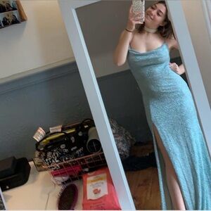 Windsor Blue Glitter Spaghetti Strap Bodycon Prom Dress